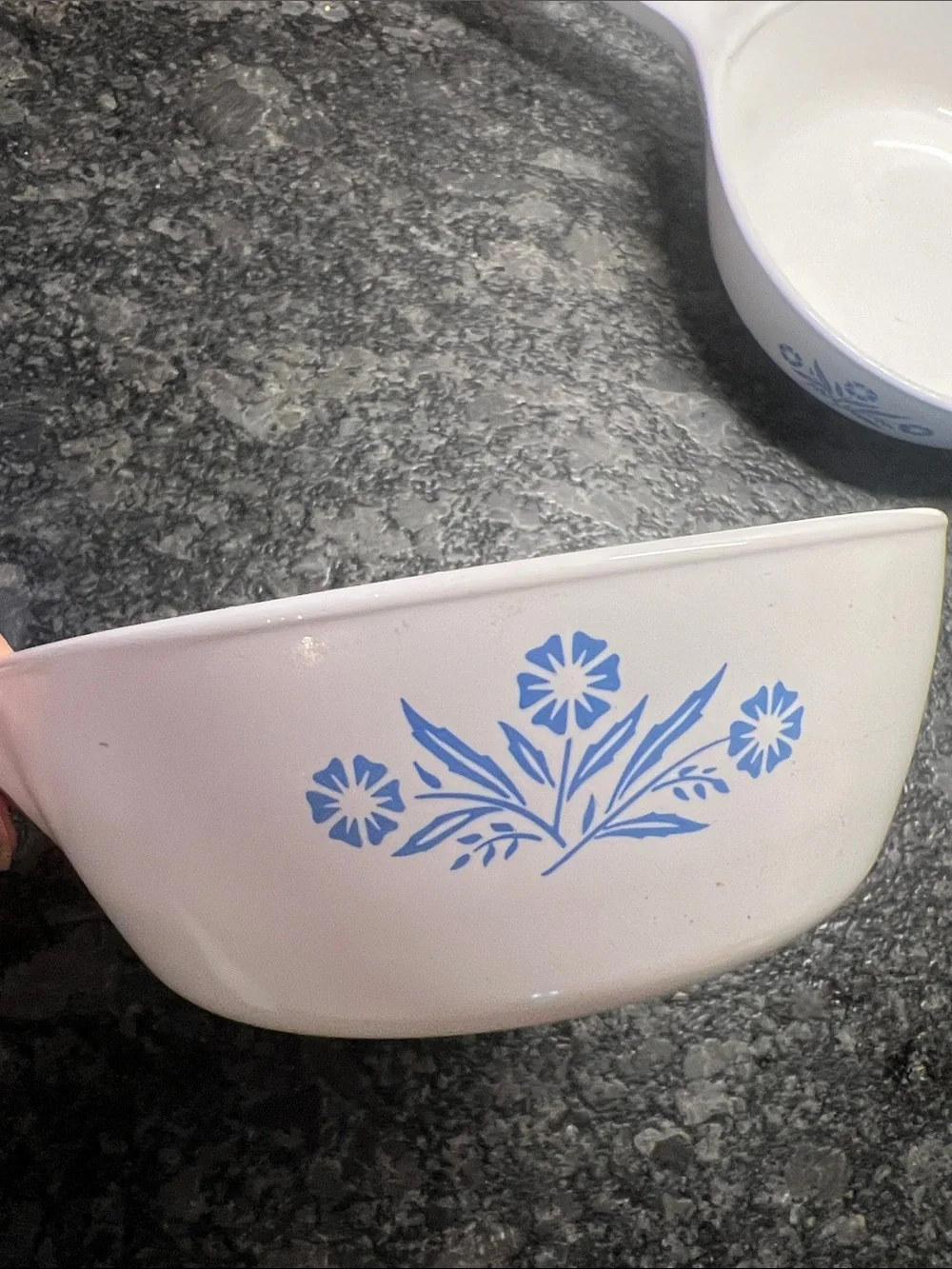 Vintage White Corningware handled Casserole Bowls with Cornflower Blue Pattern.